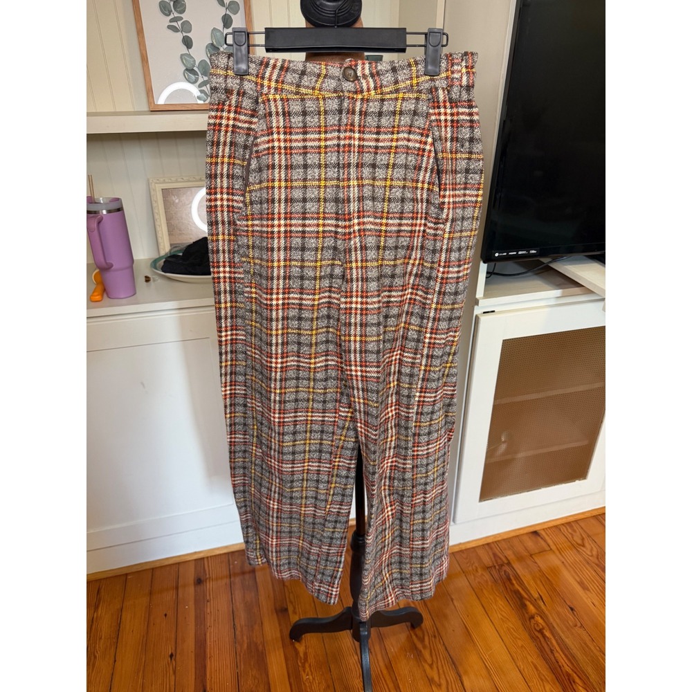 Free People Plaid Wide Leg Trousers Brown Orange Yellow Cotton Pants Size 4